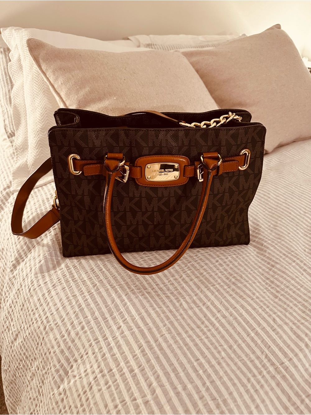 Michael Kors Dark Brown Signature Tote with Tan Leather Trim and Gold Hardware